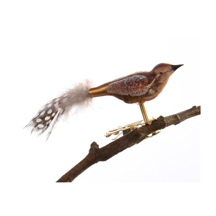 Fugl i glas med klips og perlehønefjer