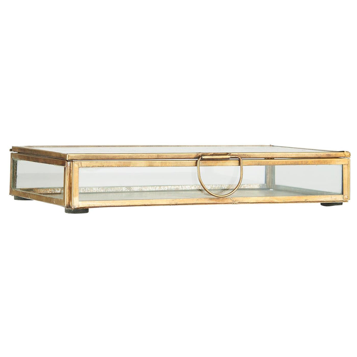 Oblong Solitaire glass case with lid by Ib Laursen, clear glass with antique gold-colored metal, for napkins, 10 x 20 cm