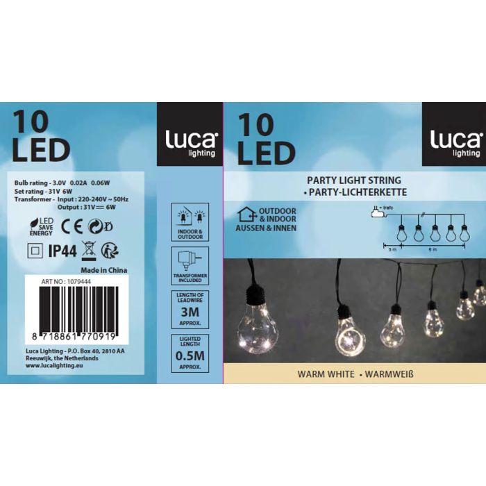 Party lyskæde med 10 pærer i varm hvid