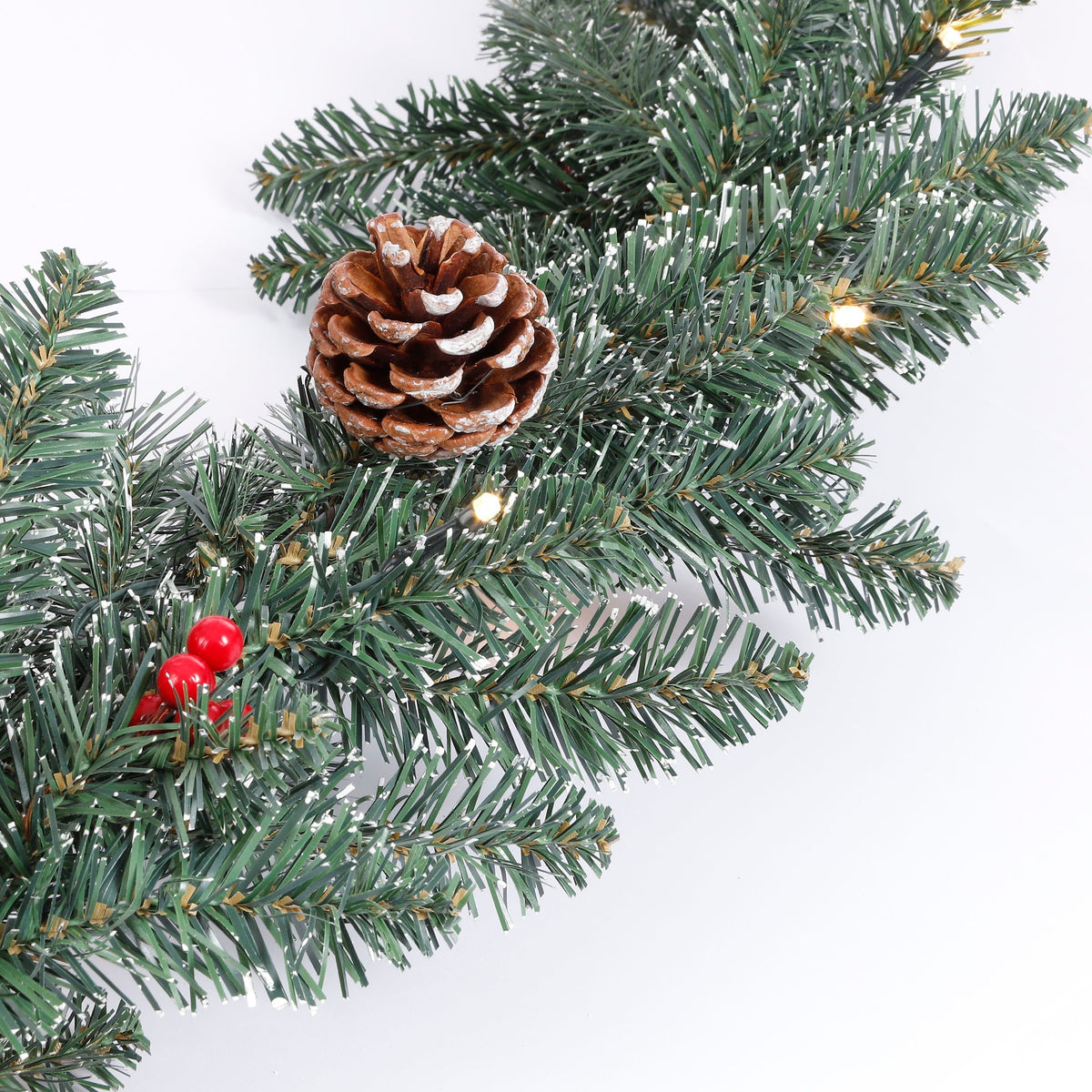 Pinecone and red berries on Creston fir garland with lights, 10 m long