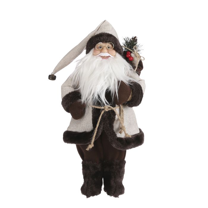 Julemand i beige og brune nuancer med langt hvidt skæg, briller og julesæk over skulderen – en stemningsfuld julefigur.