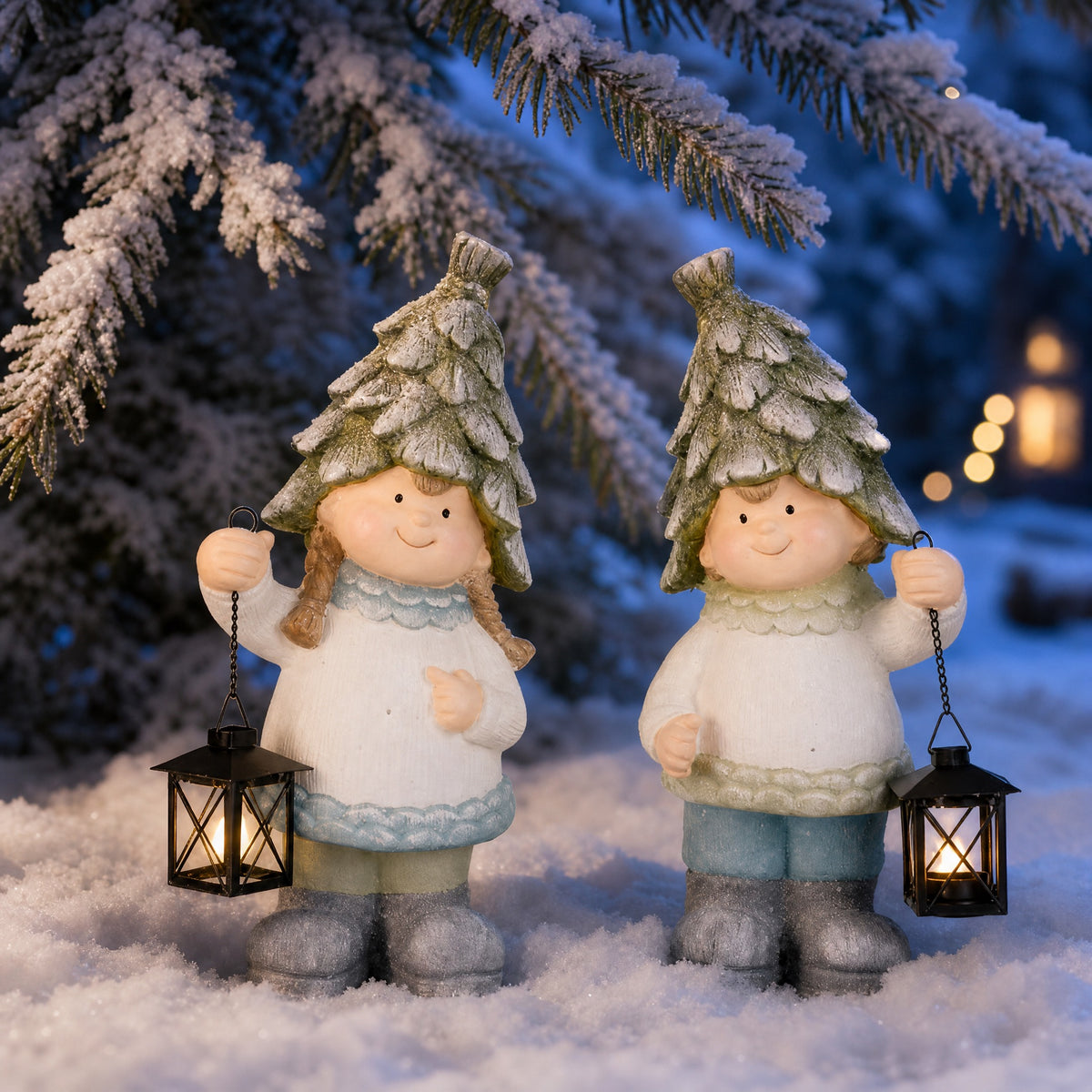Winter children with cone hats and lanterns