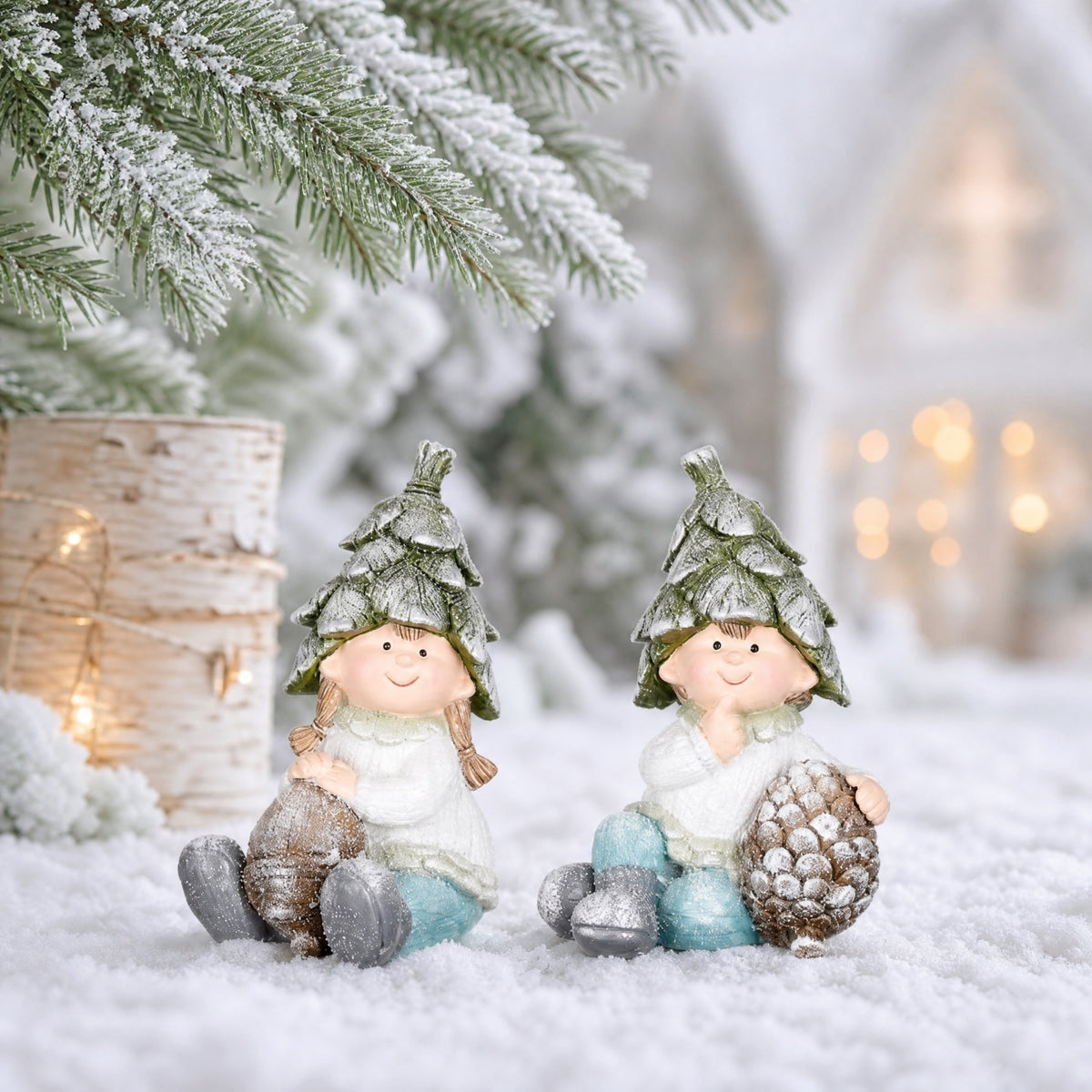 Sitting winter children with cone hats