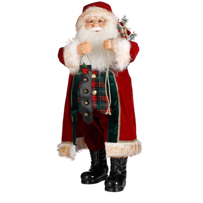 Stor Julemand i rød frakke med hvid pels på kanter og iført sorte støvler. Julemanden holder bjælder og har julesækken på ryggen fra House of seasons.