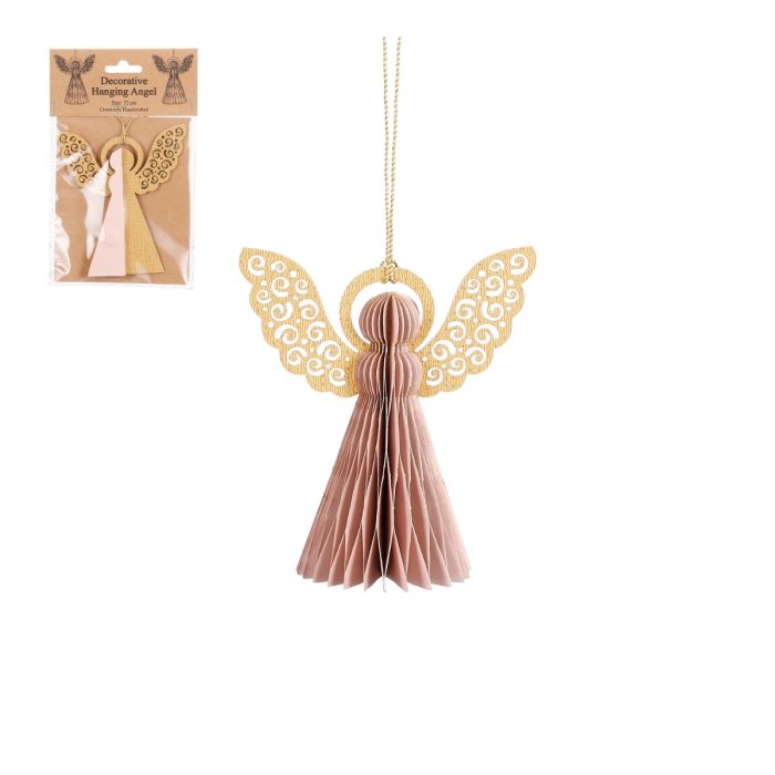 Håndlavet engel i god papirs kvalitet i lyserød med smuk mønster på vingerne i guld, guld glorie og guld snor, hvis den skal hænges op. Fra House of Seasons.