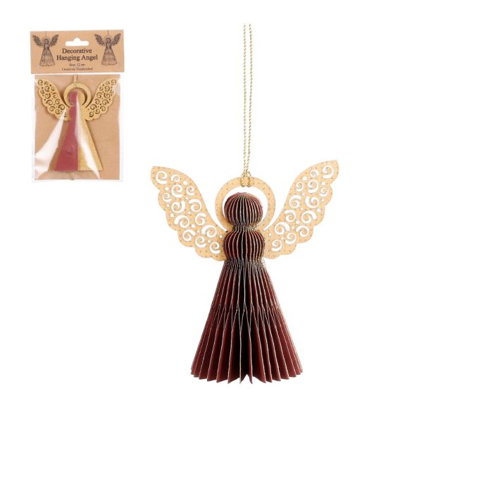 Håndlavet engel i mørkerød klippet i papir med guld glorie og fine guldvinger med hul mønster. Fra House of Seasons.