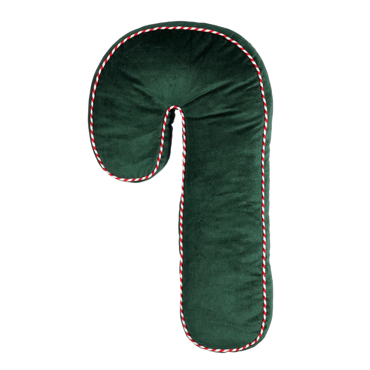Pyntepude formet som julestok i grønt stof med bolsjestribede detaljer