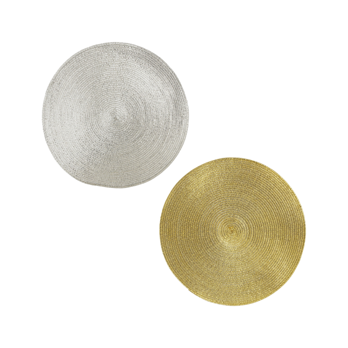 2 runde dækkeservietter i hhv. guld og sølv