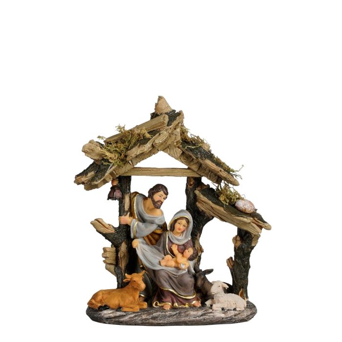 Krybbespil omgivet af lille stald med trælignende bjælker. Jomfru Maria sidder med Jesus barnet i sit skød og Josef står bagved og kigger ned på ham. På gulvet ligger forskellige dyr. Alt i jordnære farver fra House of Seasons.