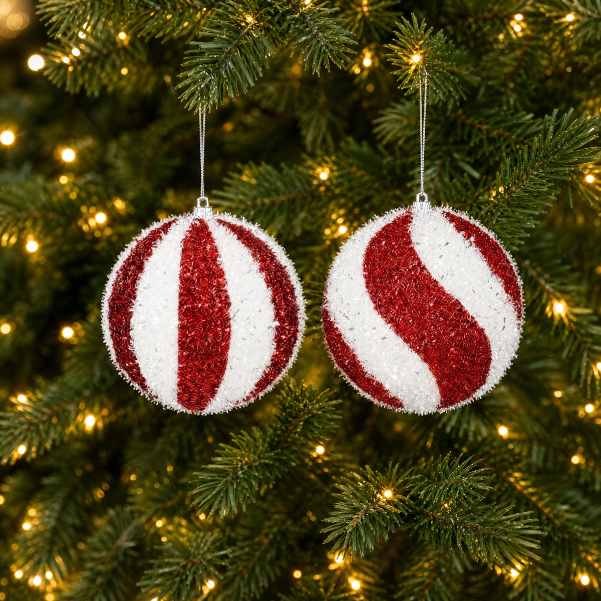 Striped Christmas baubles in glitter