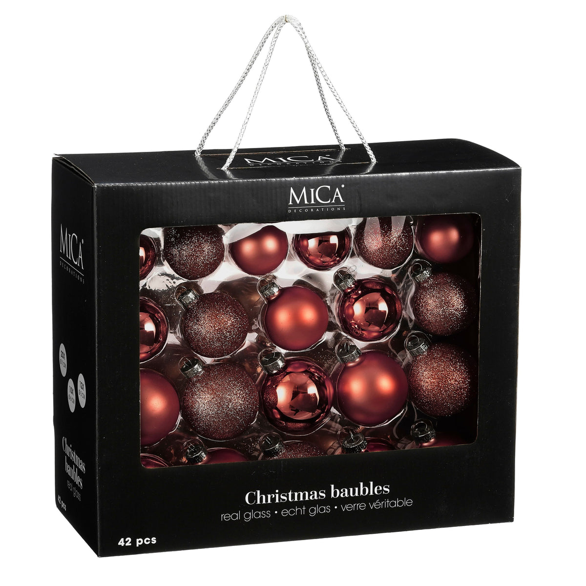 42-piece set of glass Christmas baubles in wine-red shades