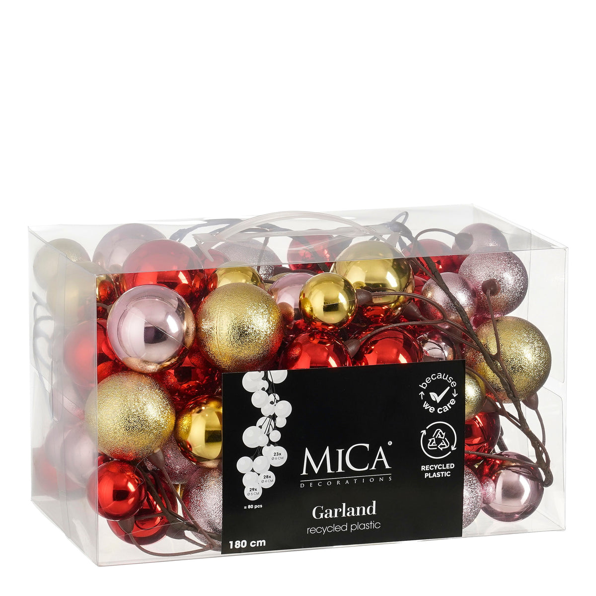 Garland with Christmas baubles made from recycled plastic in red, pink and gold