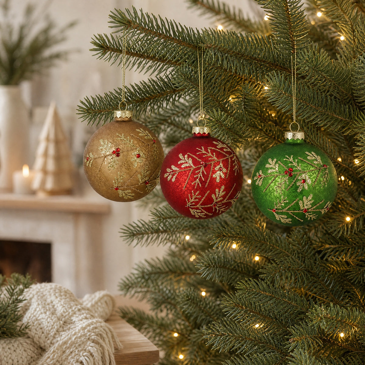 Christmas baubles with gold-colored branch pattern, 8 cm diameter