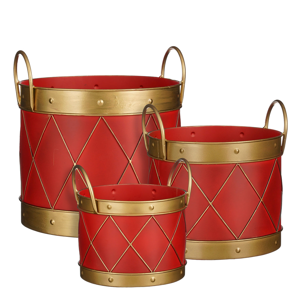 Set of 3 red, drum-shaped buckets in assorted sizes, made of iron