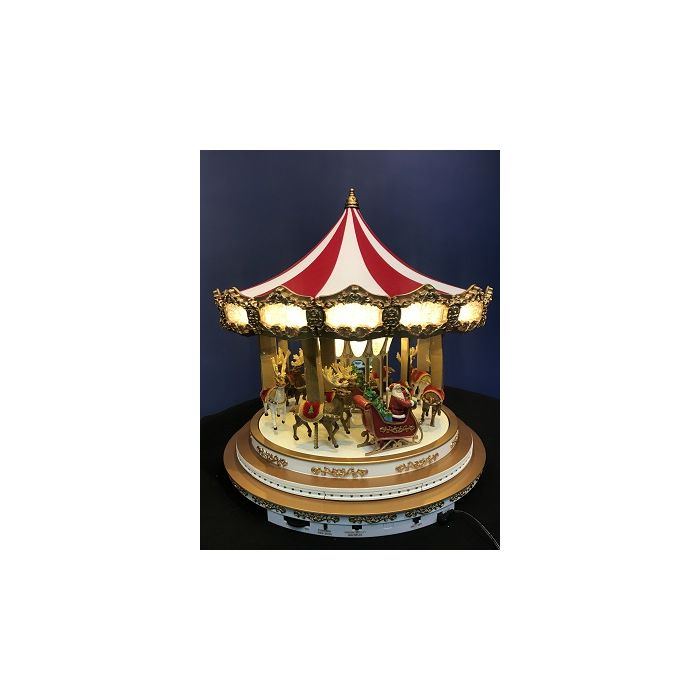 Stor julekarrusel med julemanden og hans rensdyr med flere forskellige lysshows og julemelodier.