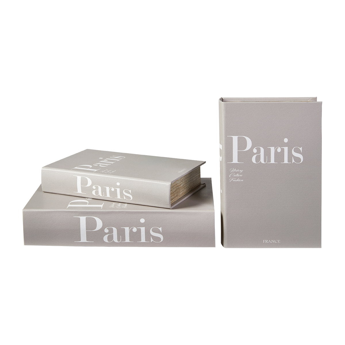 Book-shaped storage boxes from Speedtsberg in warm gray with Paris on the front and spine, set of two sizes