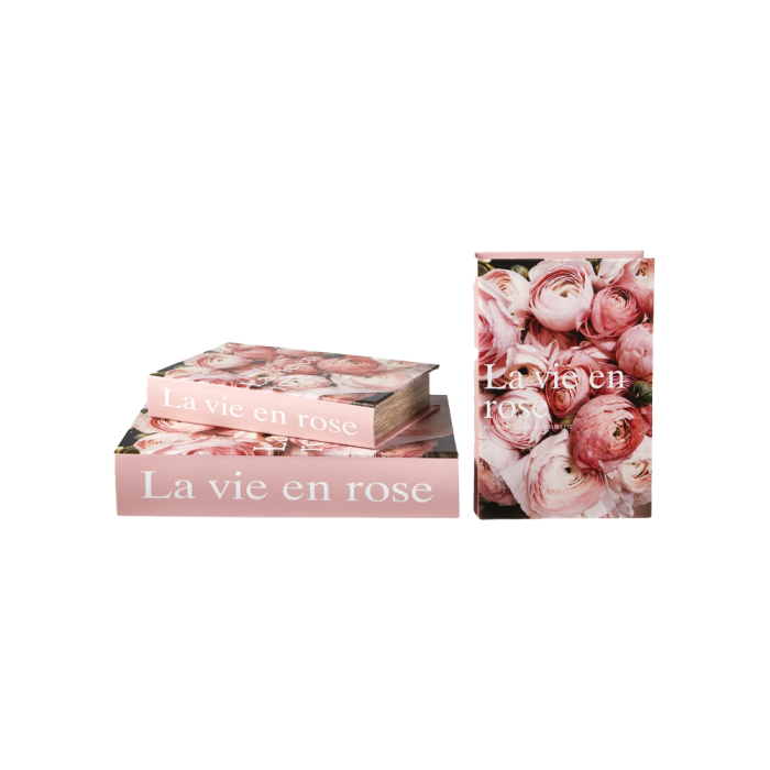 Speedstberg opbevaringsæsker udformet som bøger med blomster og teksten La vie en rose