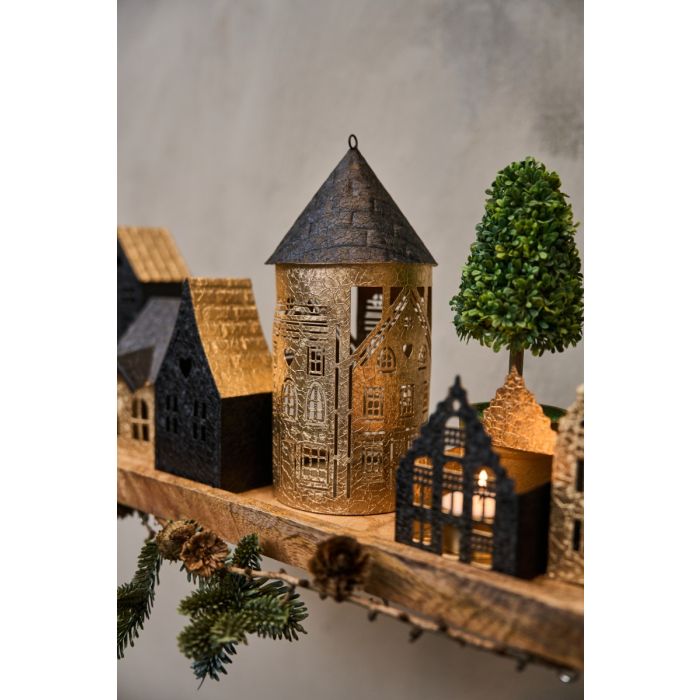 Lyshus i metal rundt sort/guld