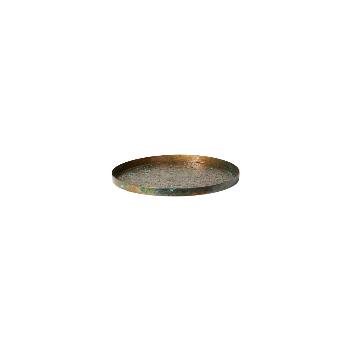 Round decorative tray from Speedtsberg in antique brown and gold-colored metal with a copper-green patina, 21 cm in diameter