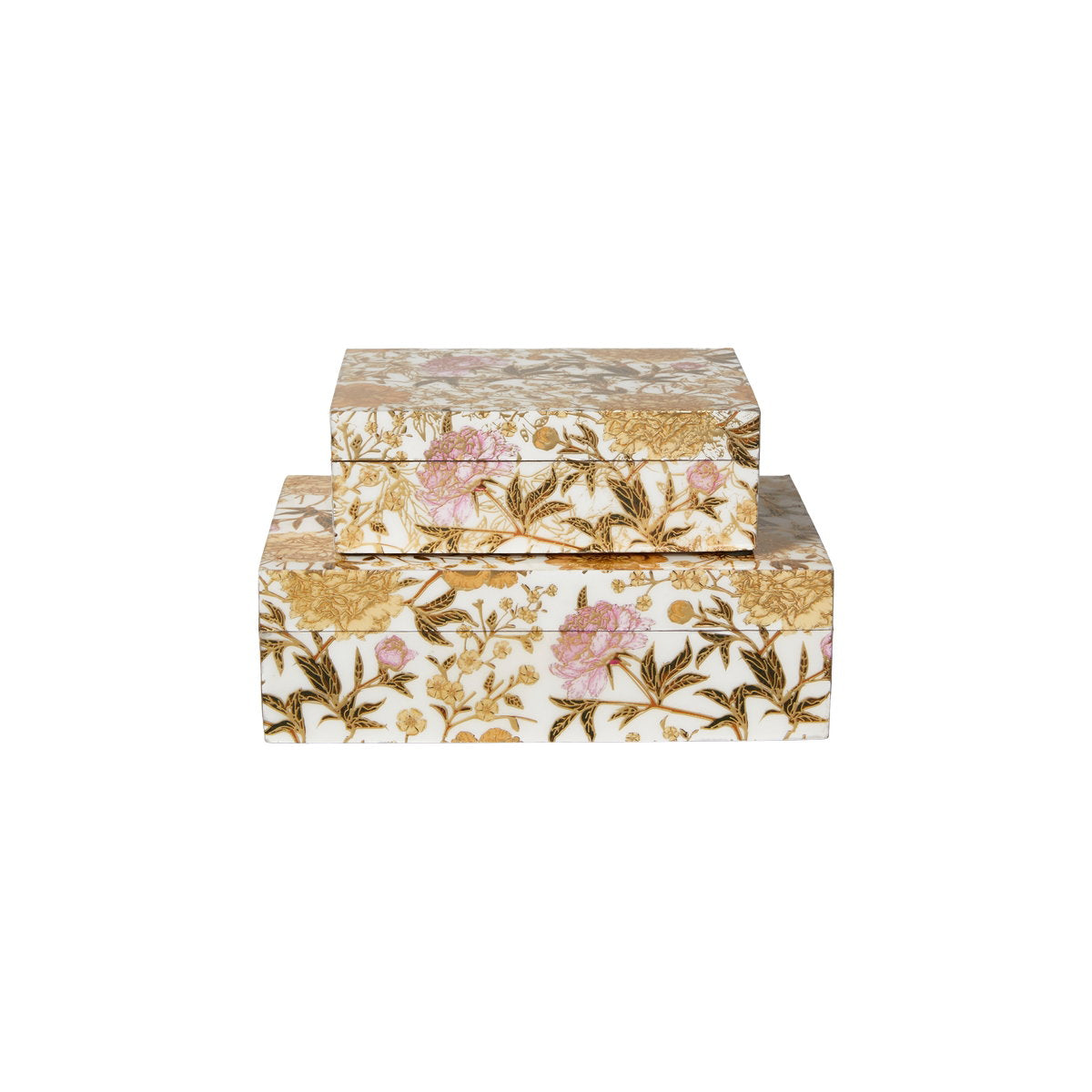 Set of two MDF storage boxes from Speedtsberg with a white base, yellow and pink flowers, and gold-colored details
