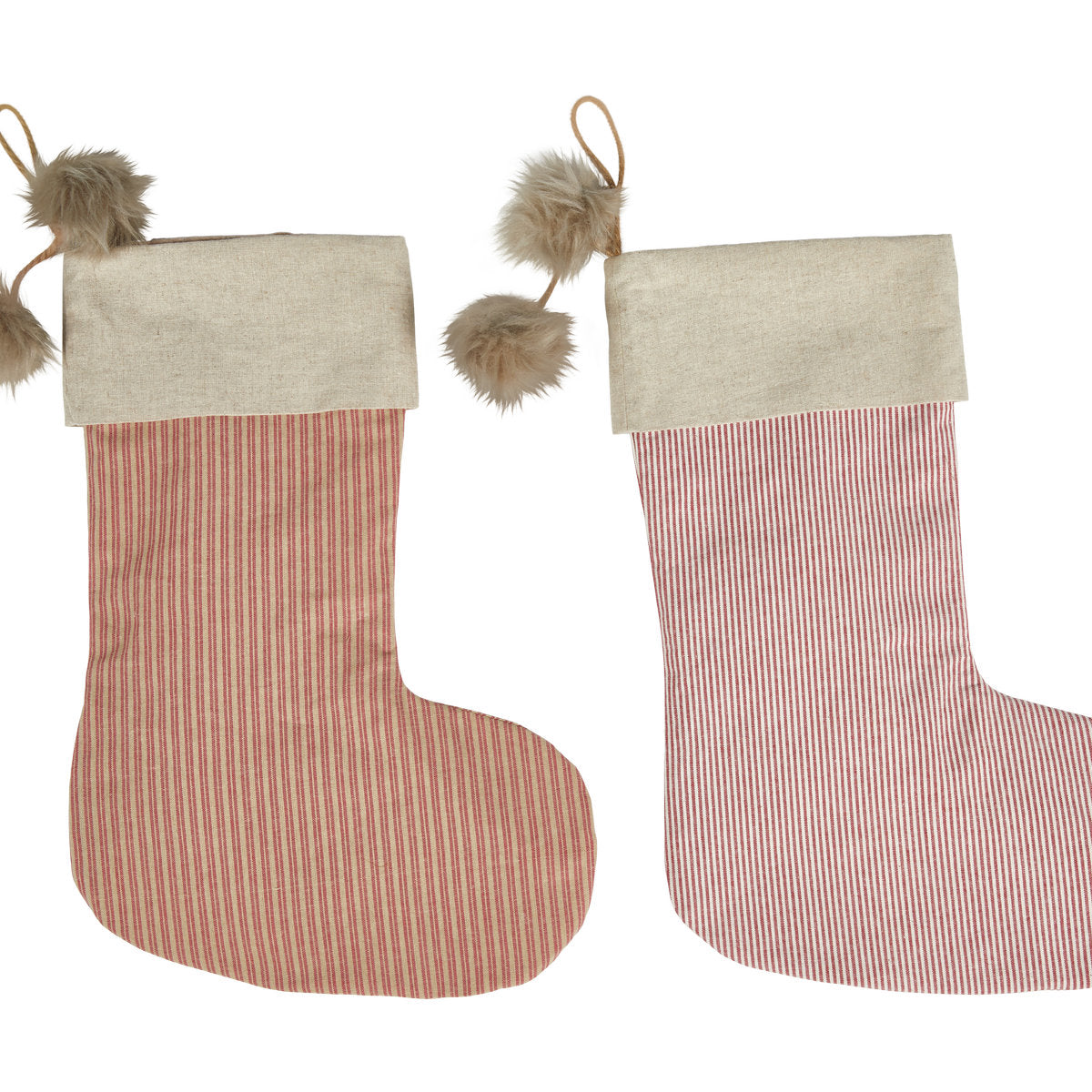 Christmas stocking with pompom in linen-colored and red fabric from Speedtsberg