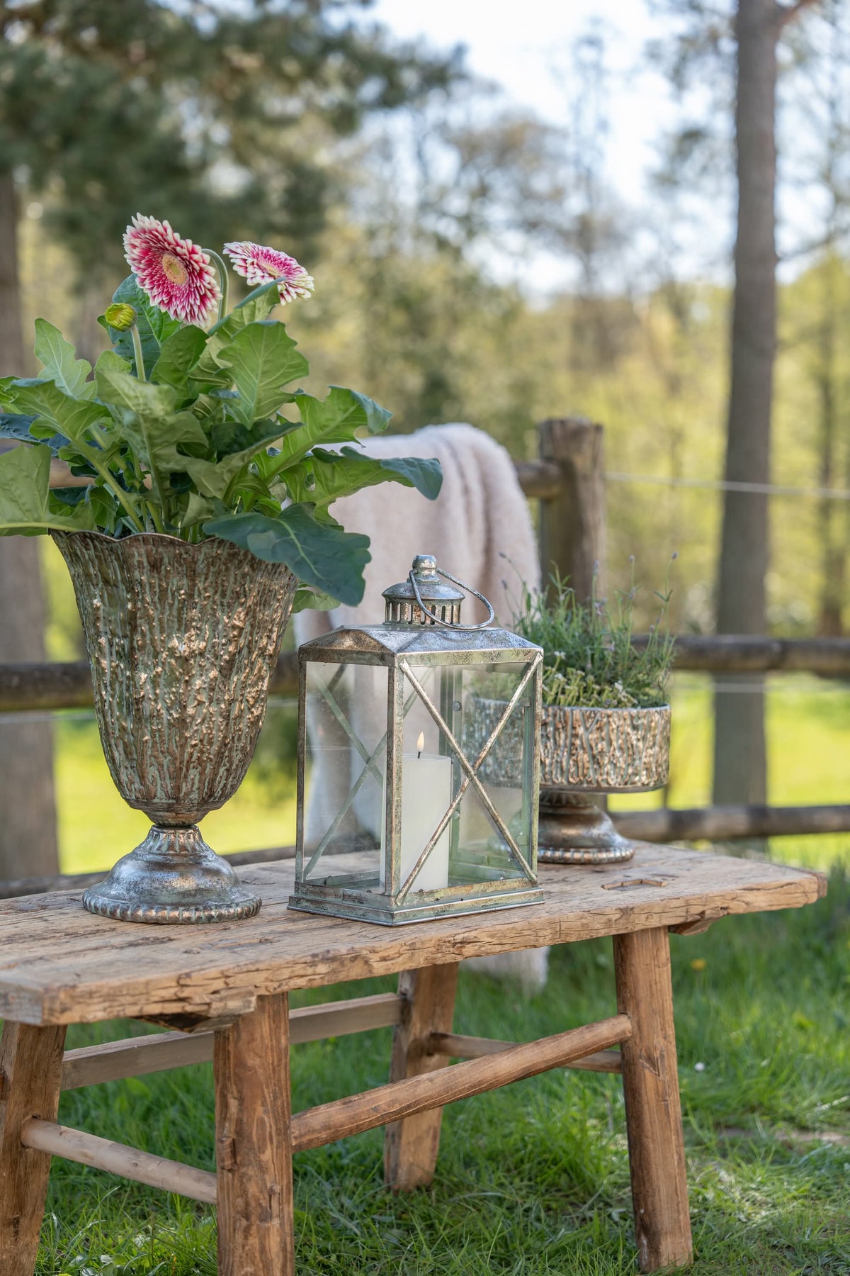 Lantern with a pillar candle on a wooden bench in the garden
