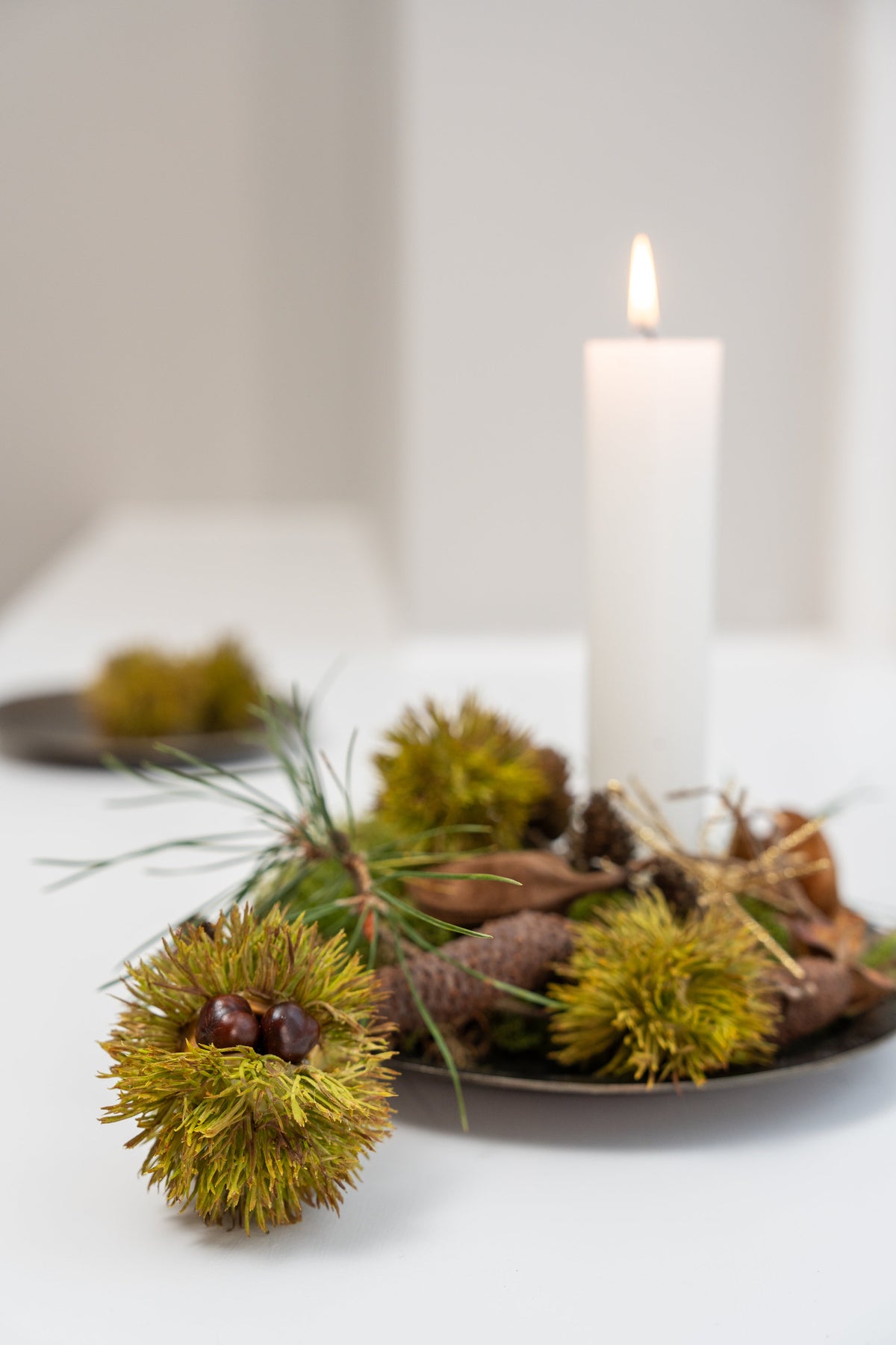 Christmas decoration on a metal tray with artificial chestnuts and pine cones