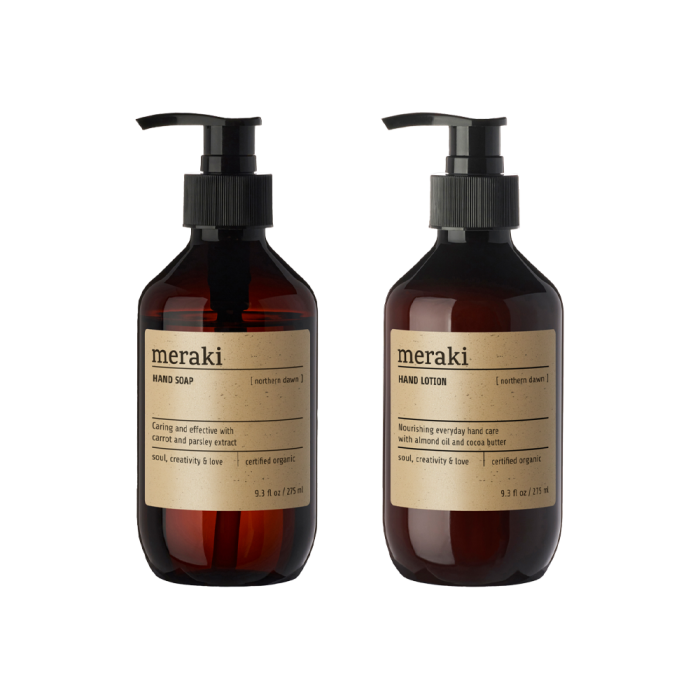 Meraki med håndsæbe og håndlotion Northern dawn i flasker med pumpehoveder