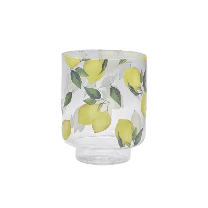 Fyrfadsstage med kønt citronmotiv i glas.