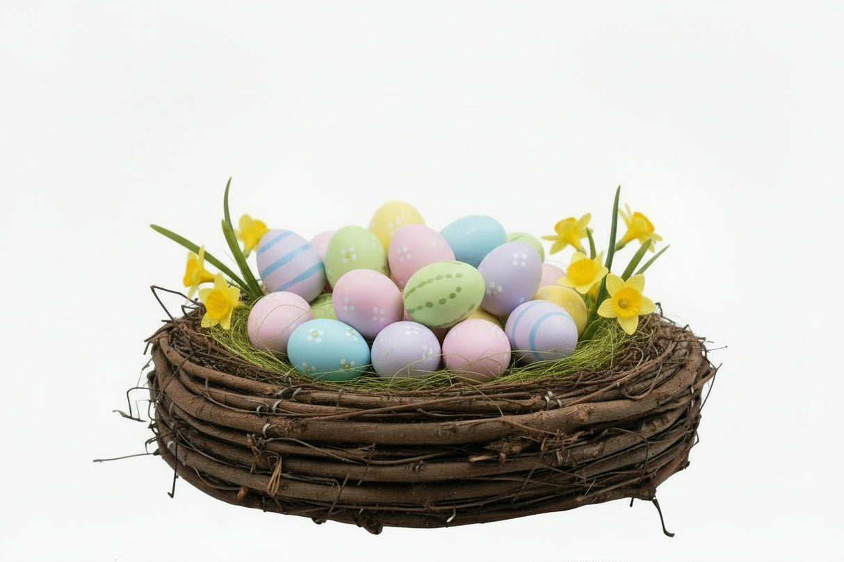 Planteskål rede pyntet med påskeæg og påskeliljer