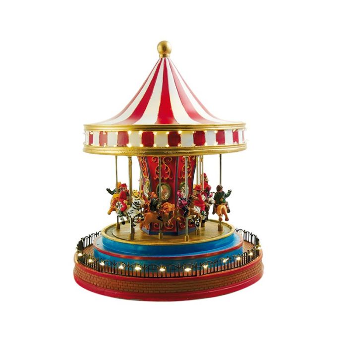 Nostalgisk karrusel med børn på savannedyr lyser, drejer rundt og spiller forskellige melodier fra Spilledåsernes Verden.