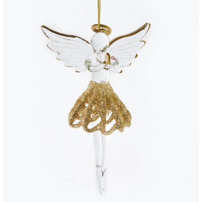 Balletdansende engel i glas fra Pobra. Engel med foldet hænder i bedestilling, guld glorie, guld glimmer skørt og guld siluet på de udfoldede vinger, meget unik og smuk figur.