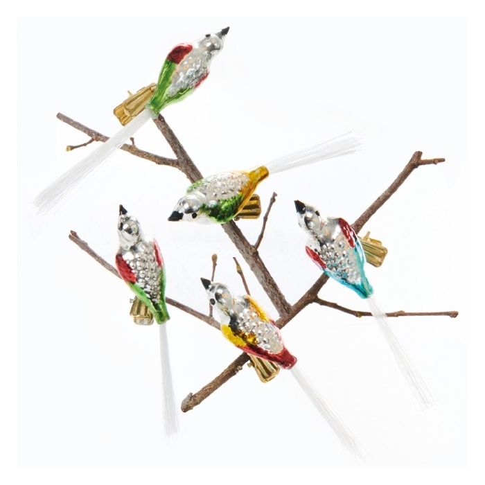 Klassiske glasfugle med klips til juletræet.