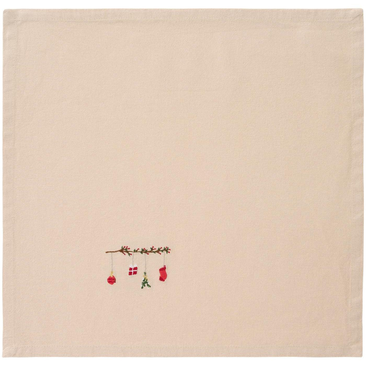 Linen-colored cloth napkin with Tradition branch hanging Christmas ornament from Ib Laursen