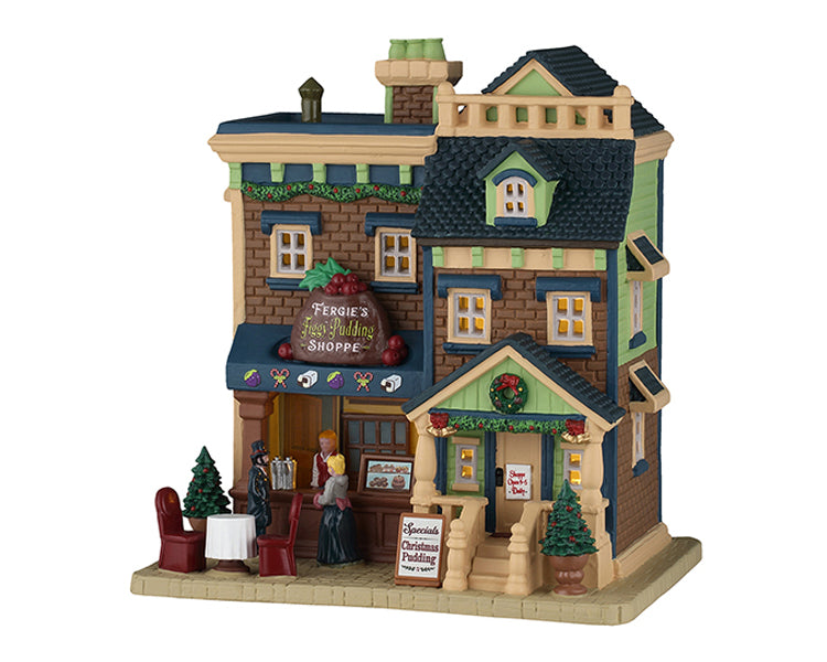 Fergie's Figgy Pudding Shoppe hus med lys il juleby fra Lemax