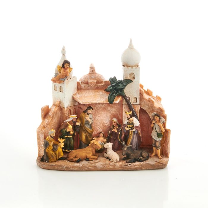 Krybbespil der udfolder sig på pladsen foran et slot med tårne med flotte figurer og forskellige dyr. Smukt udformet fra Pobra.