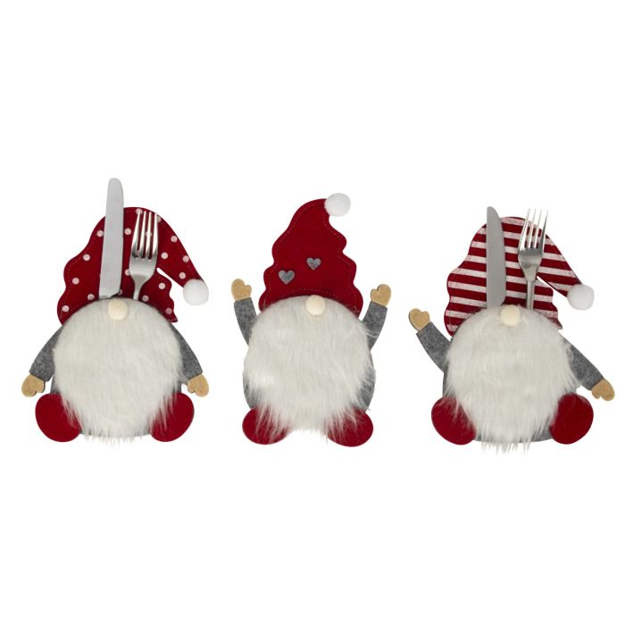 Bestikholdere Nissegnomer i grå og rød 3 forskellige med bestik i