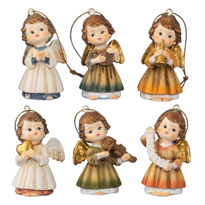 Engel med guldvinger til ophæng. Findes i 6 forskellige udgaver, den ene engel har foldet sine hænder i bedestilling, de 4 andre engeler har hver deres musikinstrument og den sidste engel holder et guldhjerte. Desuden varierer farverne på hver engels kjol
