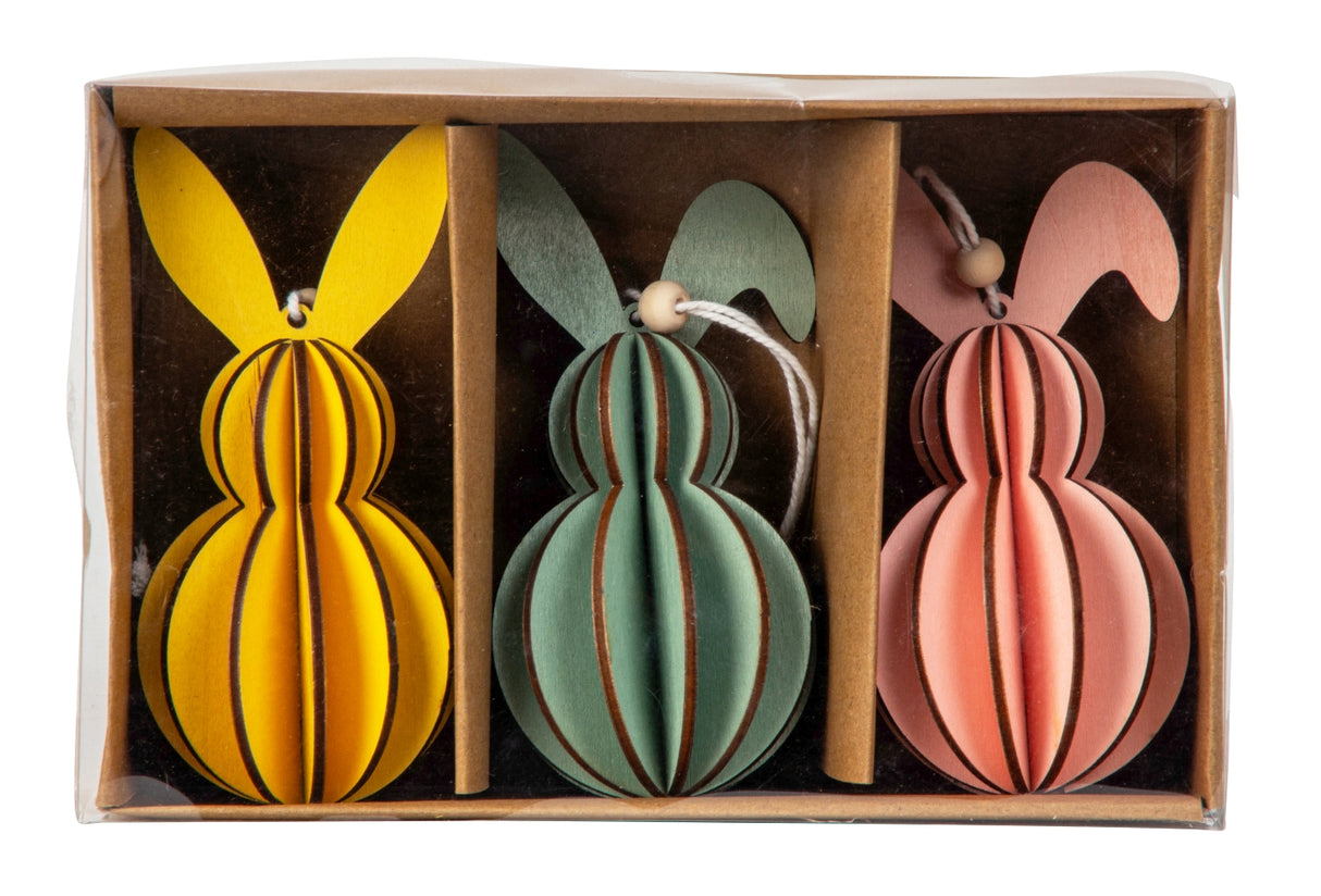 Påskeharer i træ liggende i æske