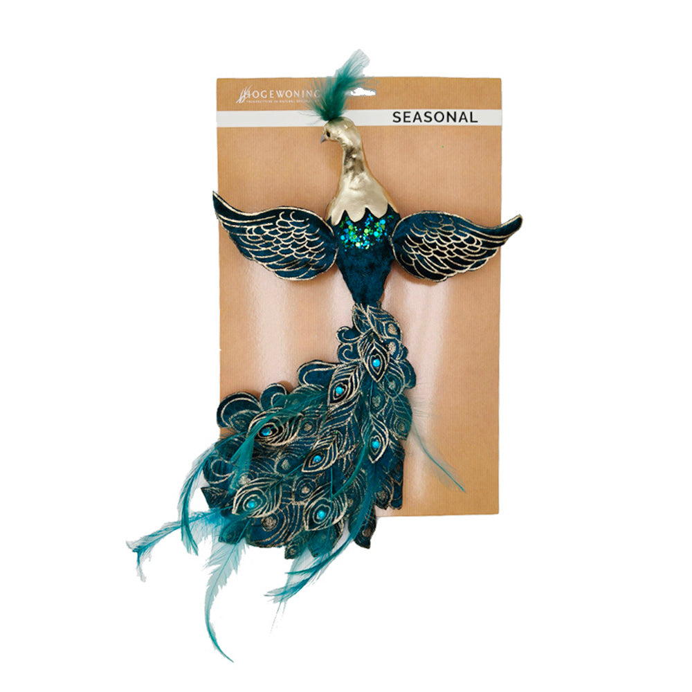 Turquoise peacock decoration with clip, 30 cm long
