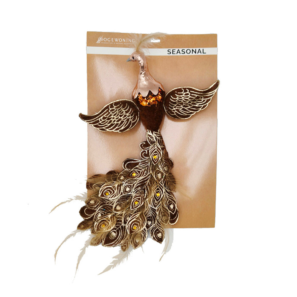 Brown peacock decoration with clip, 30 cm