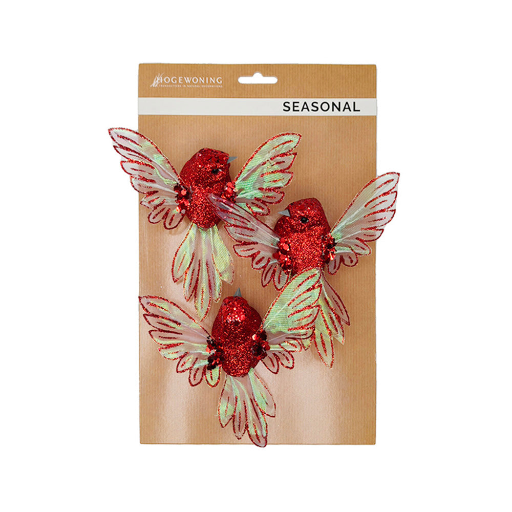Red birds with clips and iridescent wings, 3-pack for decoration