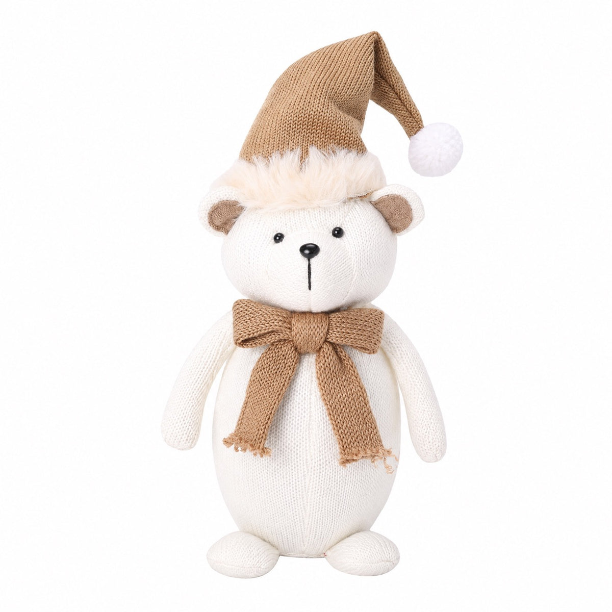 Standing winter bear with white knitted fur and brown knit hat