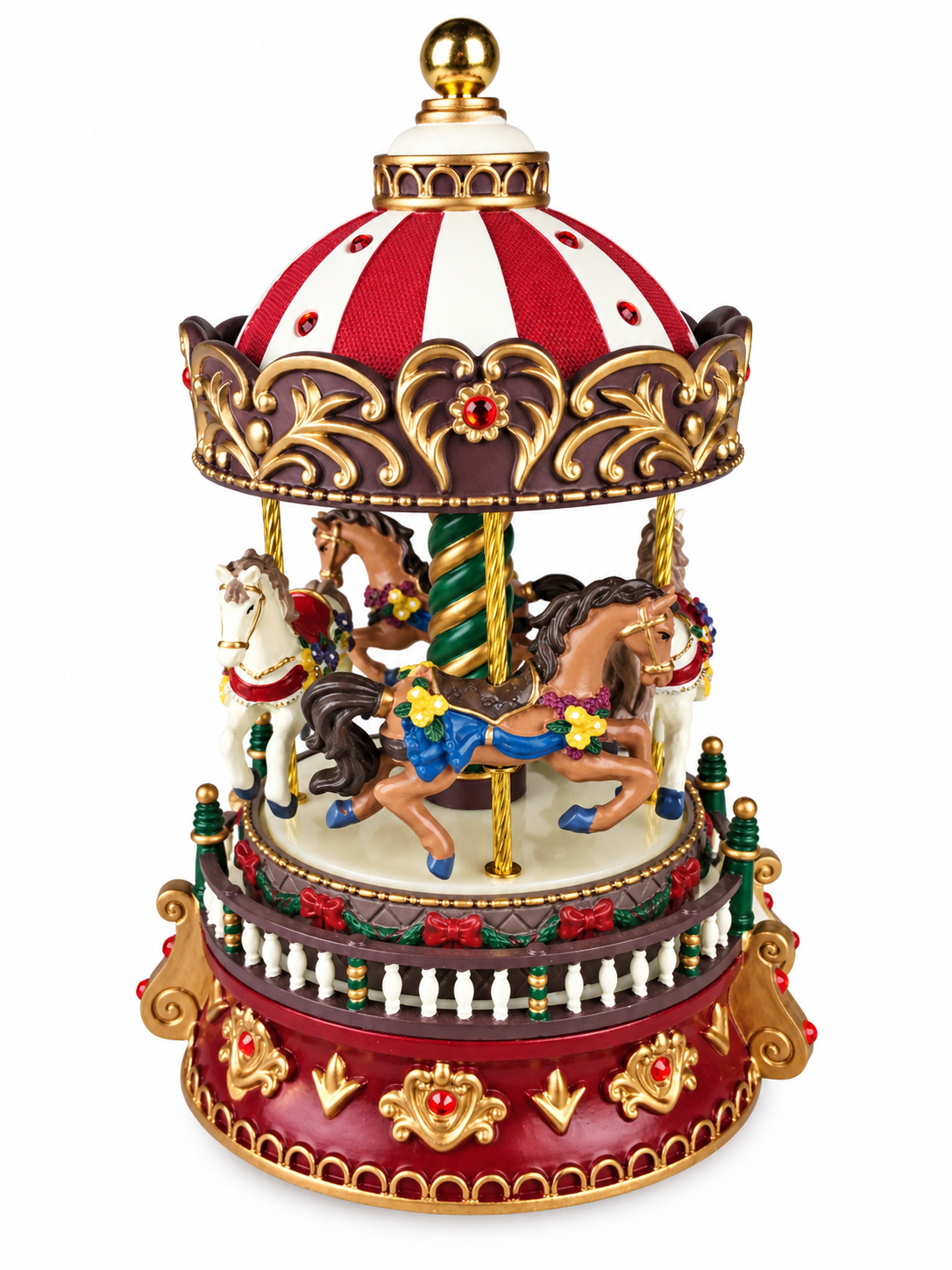 Nostalgic musical carousel from Musicboxworld with four decorated horses, a red-and-white canopy, golden ornaments and sparkling red stones