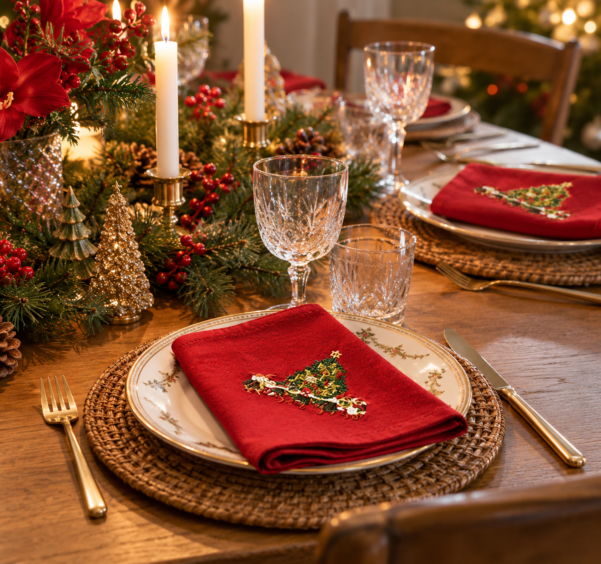Christmas table setting with red cloth napkins from Juel & Brandt on the plates