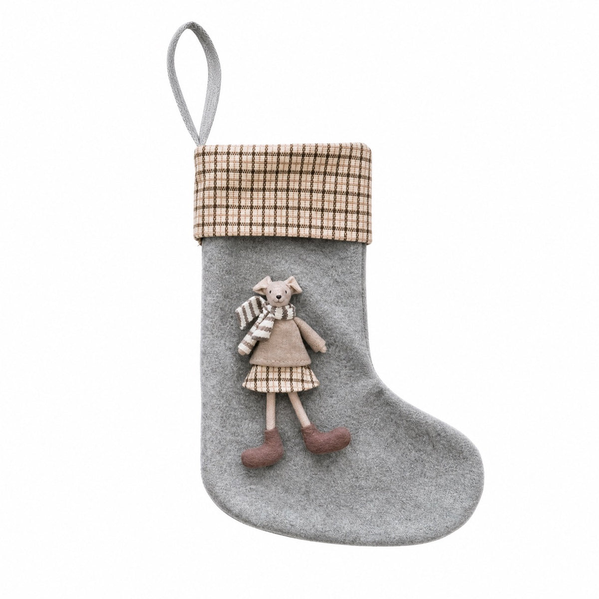 Grey Christmas stocking with mouse