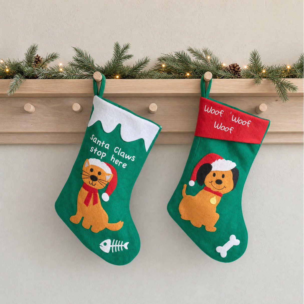 Green Christmas stocking with cat or dog