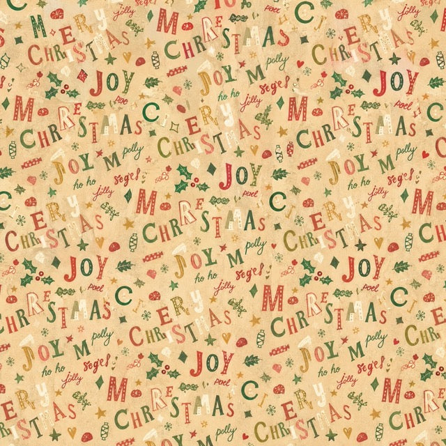 Christmas wrapping paper with Christmas-themed text