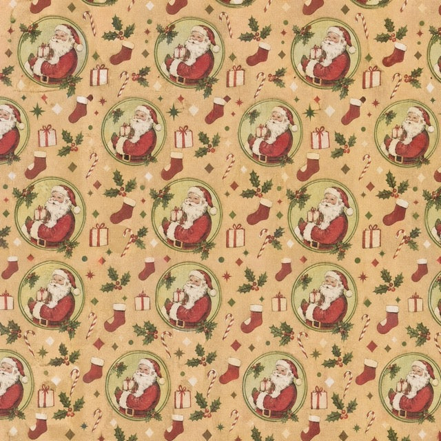 Christmas wrapping paper with Santas and Christmas stockings