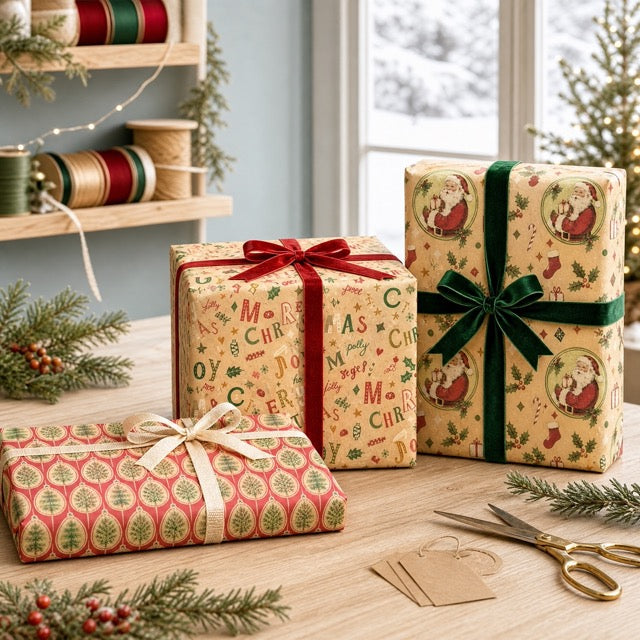 Christmas gifts wrapped in Christmas wrapping paper with velvet ribbon